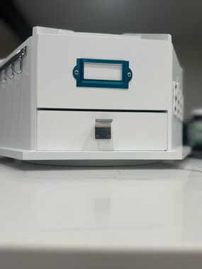 White Desktop Storage Box with Teal Label Frame - Home Storage Organizer